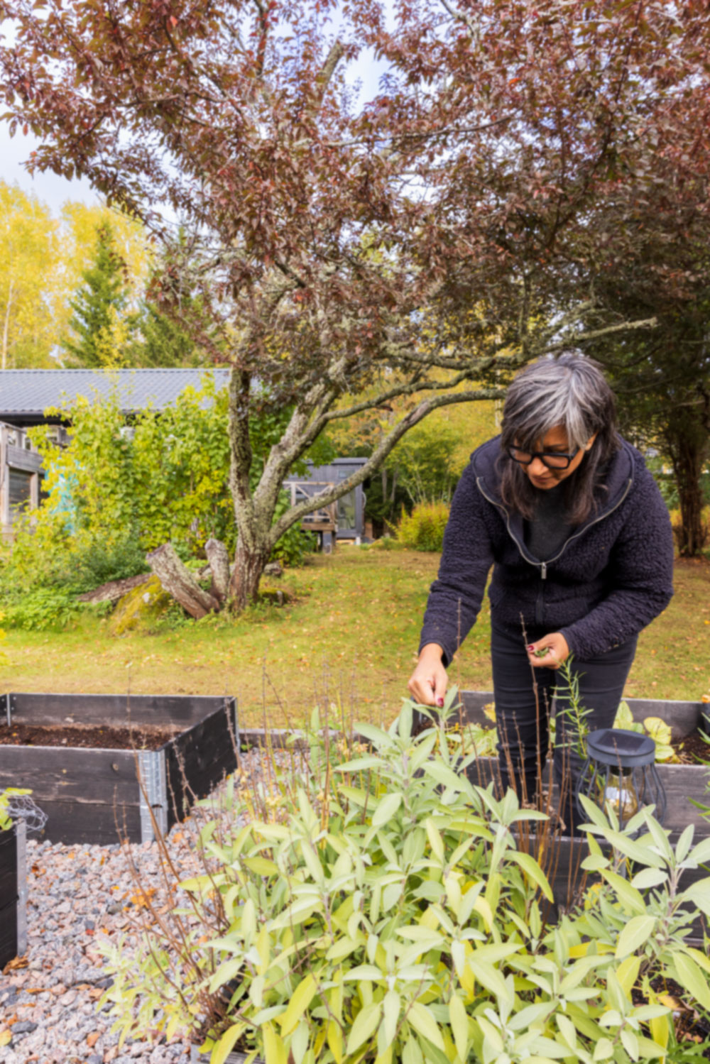 Bild på familjen framför sitt attefallshus