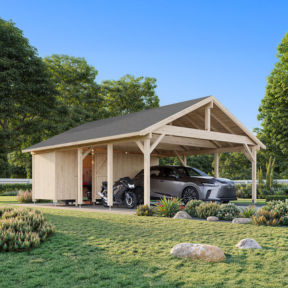 Palmako Carport Robert 40,6 M² + Förråd Shingel, Målad Vit + Vit