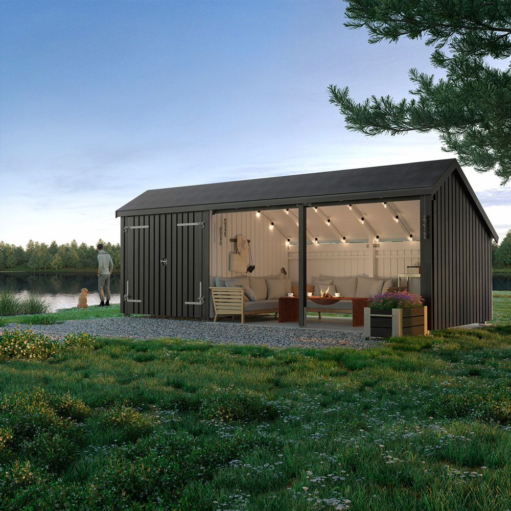 Dobbeldør & Åpen Front Multi Hagehus 15,5 M² Med Takbekledning Inkl. Tilbehør