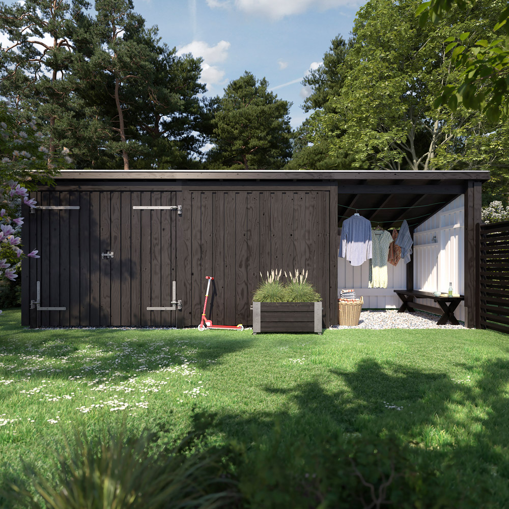 Trädgårdshus 14 M² Nordic Multi Trädgårdshus 14 M² Med Takbeklädnad Inkl. Tillbehör, Dubbeldörr & Stängd/öppen Front