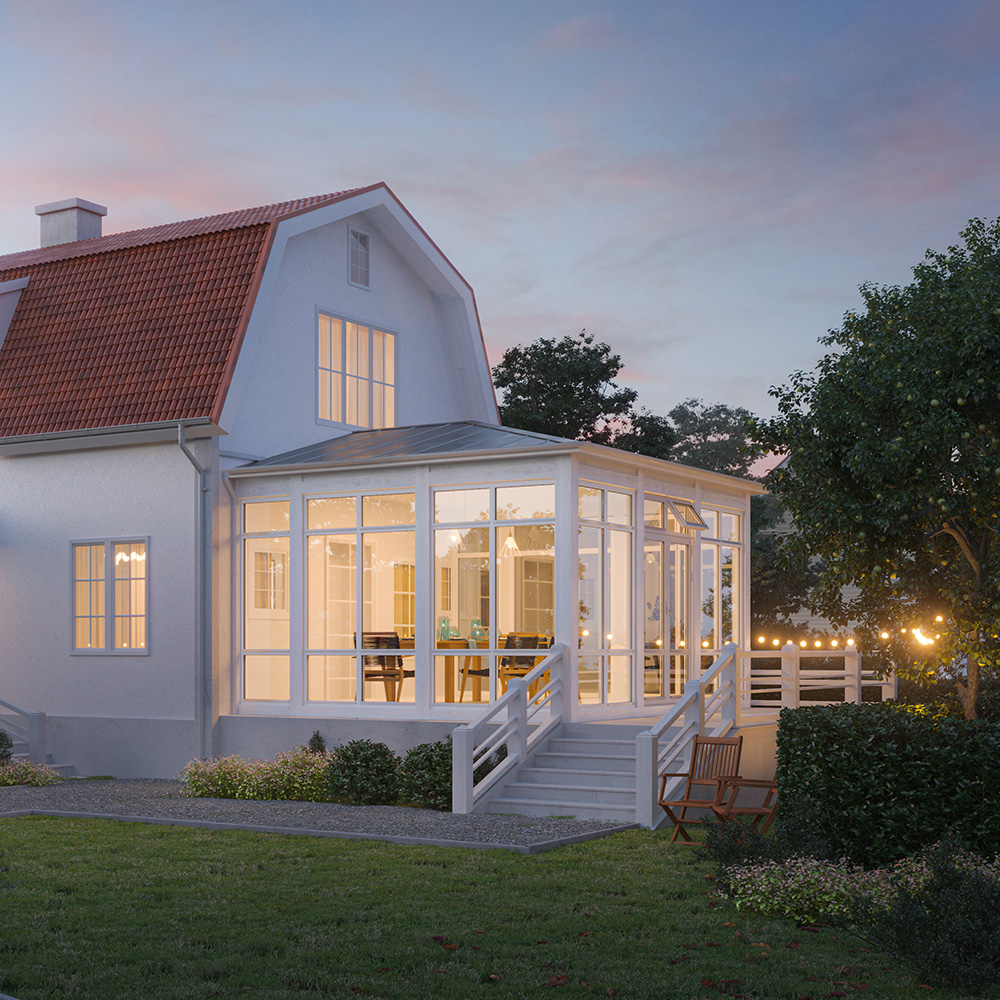 Fasadmonterad Med Valmat Tak Hylla - Veranda/Uterum 4680 X 3902 Mm, 1 Dörr + 2 Överljus, Råspont