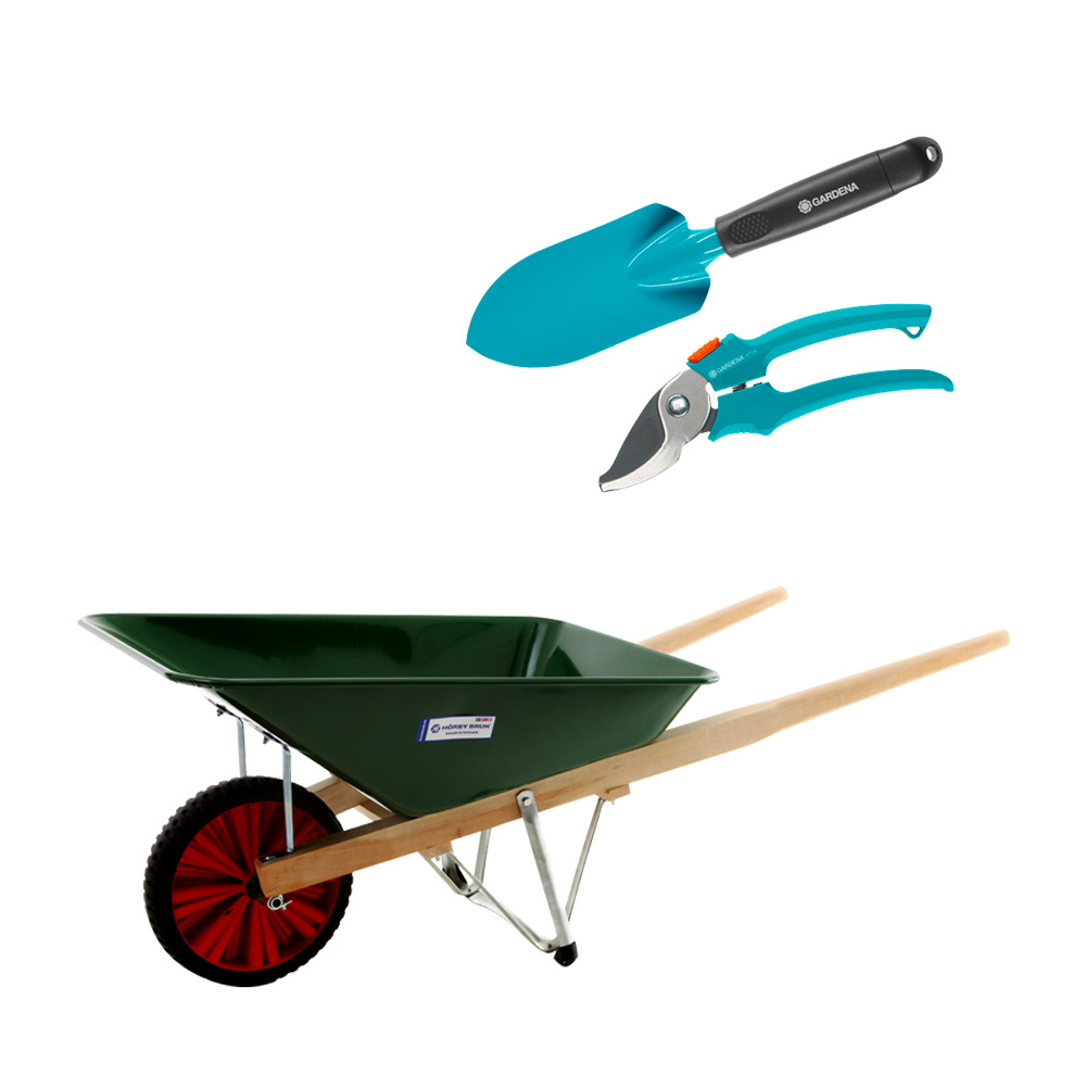 Skottkärra + trädgårds-kit Spade, sekatör och skottkärra
