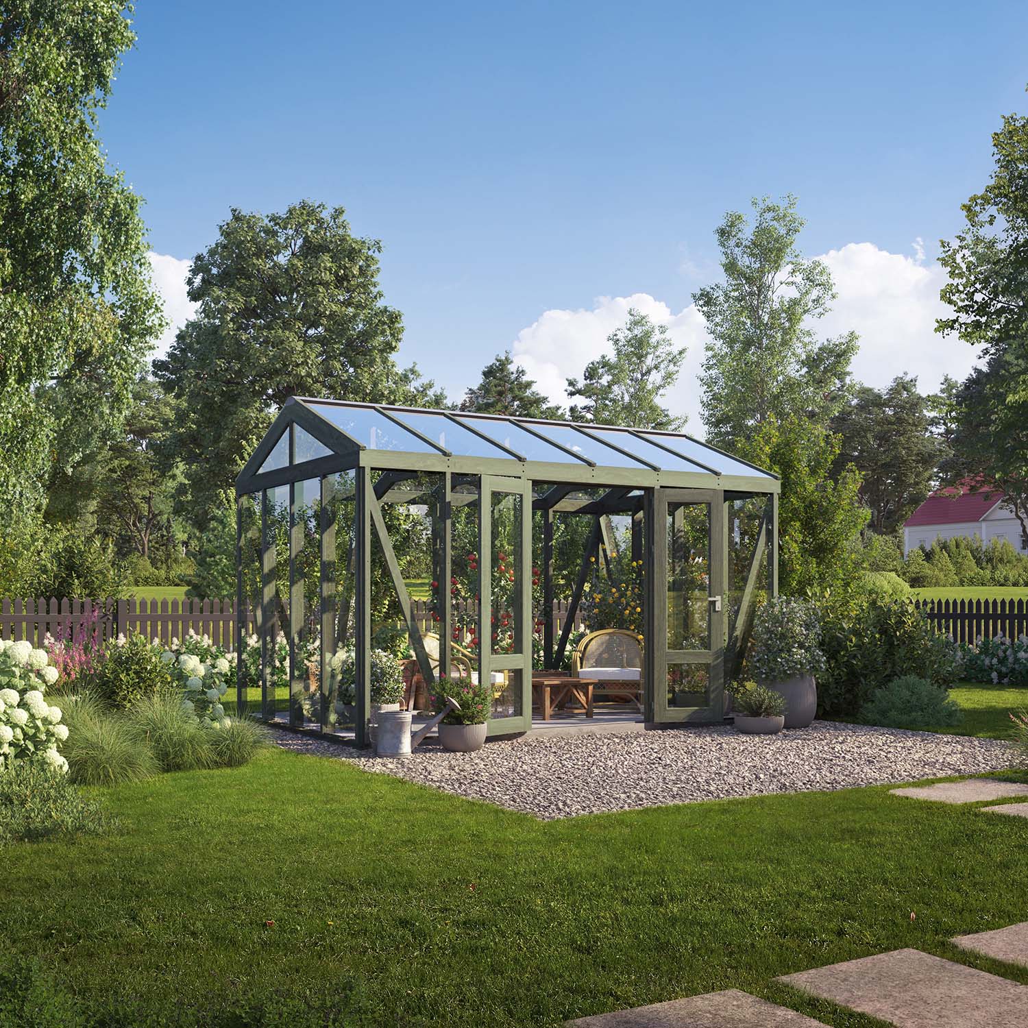 Träväxthus Linnea - Grå/Grön 14,7 M², Grå/Grön